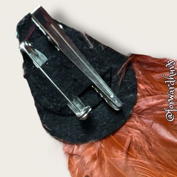 Handcrafted Burnt Orange Feathered Brooch / Hair Clip with Rhinestones - Picture 5 of 7